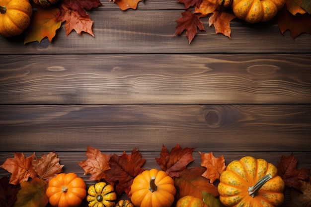 Calabazas y hojas caídas sobre fondo de madera Copiar espacio para texto Día de Acción de Gracias de Halloween o ai otoñal estacional generativo