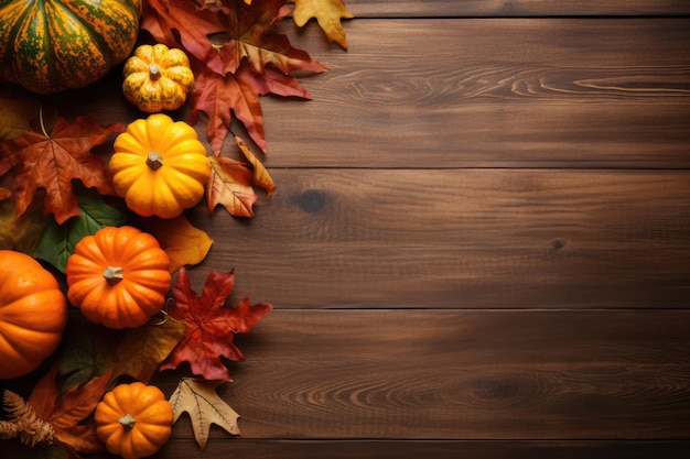 Calabazas y hojas caídas sobre fondo de madera Copiar espacio para el texto Halloween Día de Acción de Gracias o estacional otoño ai generativo