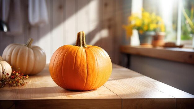 Calabazas con hojas en mesa