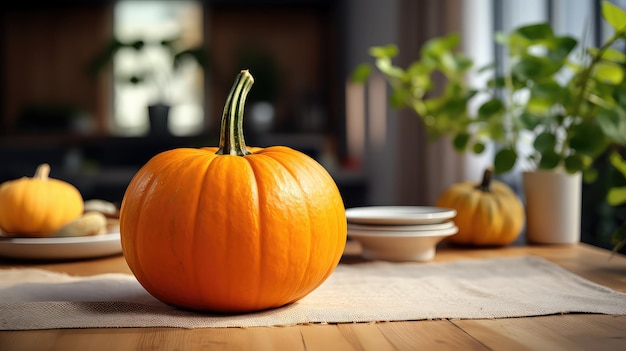 Calabazas con hojas en mesa