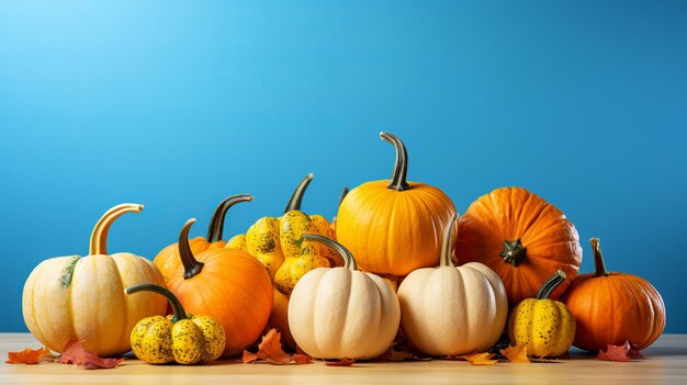 Foto calabazas con hojas de otoño de fondo azul