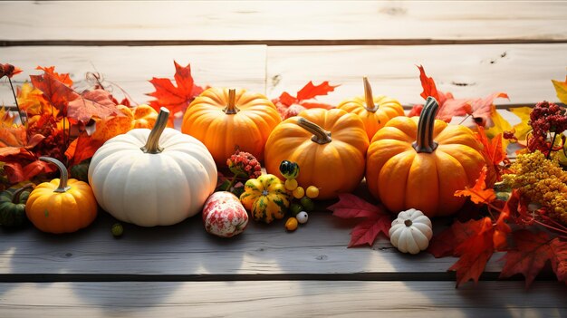 Foto calabazas con hojas de otoño sobre un fondo blanco