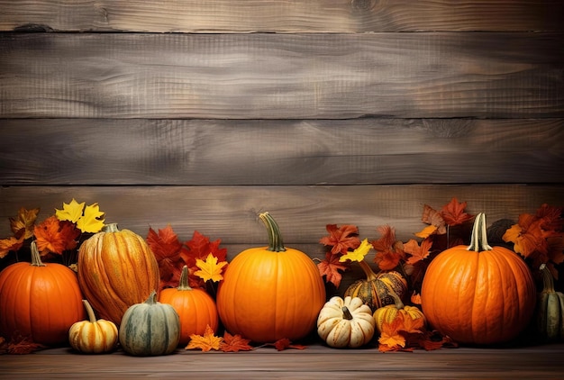 Calabazas y hojas de otoño sobre fondo de madera al estilo de espectaculares telones de fondo.