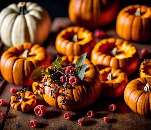 calabazas y hojas de otoño sobre fondo de madera