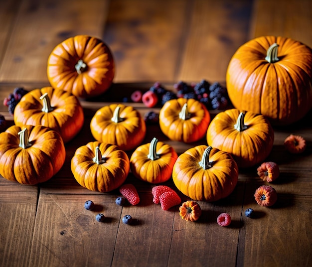 calabazas y hojas de otoño sobre fondo de madera