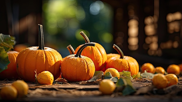 Calabazas y hojas de otoño