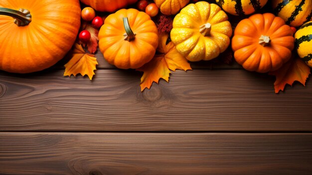 Foto calabazas con hojas secas composición de otoño en mesa de madera