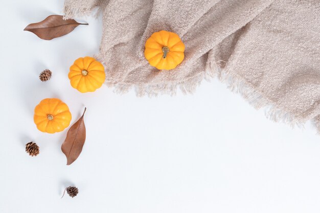 Calabazas, hojas secas y nueces aisladas