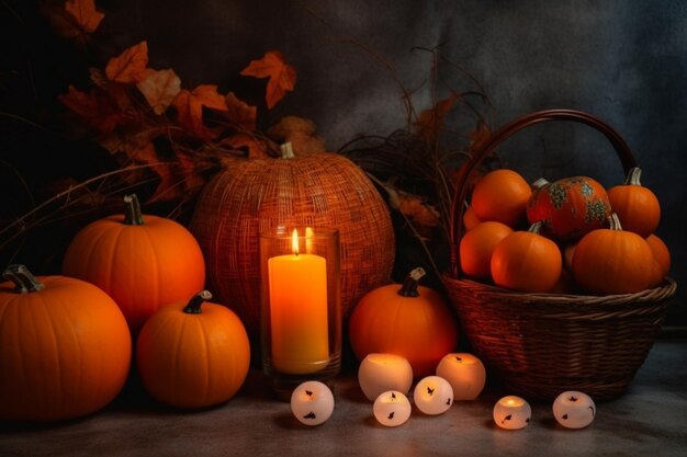 Las calabazas y los huevos están dispuestos en una canasta con una vela generativa ai