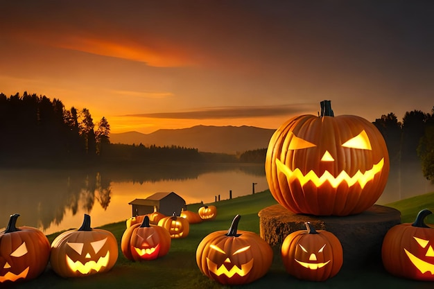 Calabazas iluminadas Fiesta de Halloween Creado con tecnología generativa Ai