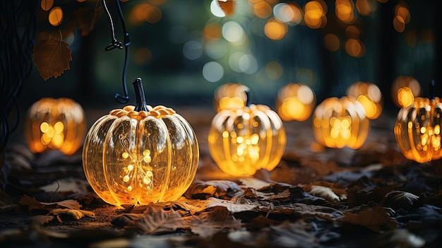 calabazas iluminadas con luces en el medio en el estilo de oro claro