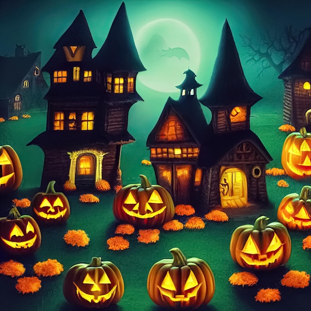 Calabazas de Jack O' Lanterns brillando en la espeluznante y misteriosa noche de Halloween Ilustración digital 3D