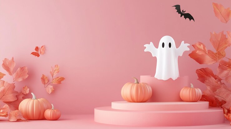 Calabazas JackoLantern con podio para la exhibición de productos y murciélagos en el fondo Feliz Halloween