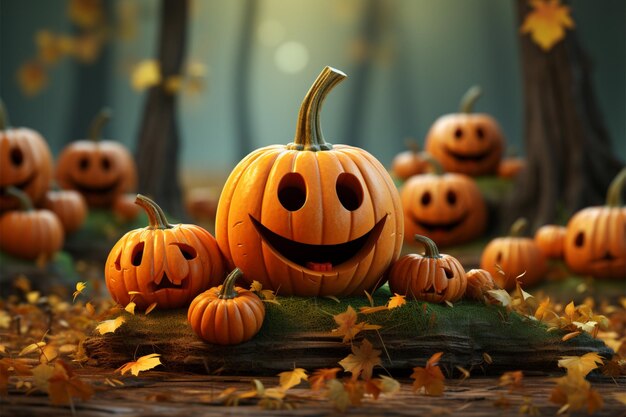 Calabazas juguetonas en una ilustración minimalista 3D de Happy Halloween encantadoramente cautivadora