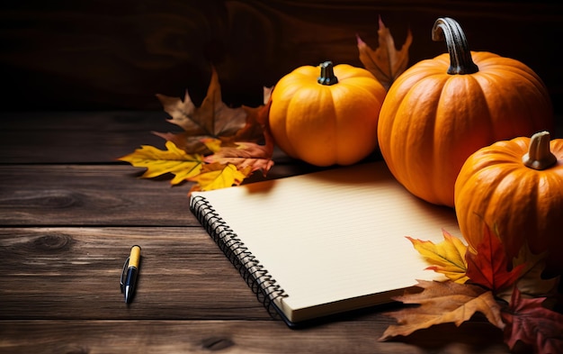 calabazas y un libro en una mesa de madera con una pluma y una pluma en ella.