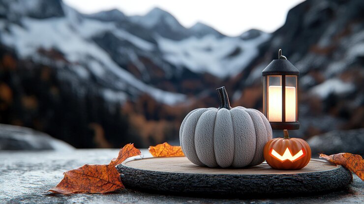Calabazas y linterna en una bandeja de madera con hojas de otoño y montañas en el fondo