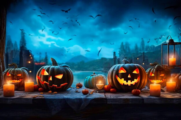 Las calabazas malvadas de Halloween con una sonrisa en el cementerio y el cielo nocturno con la luna IA generativa