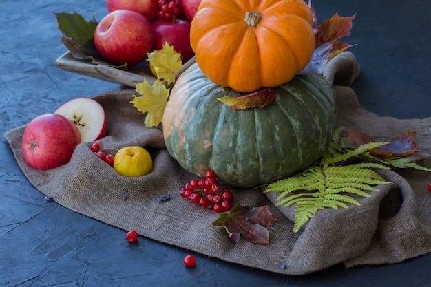 Calabazas, manzanas, bayas, hojas de otoño sobre una mesa oscura