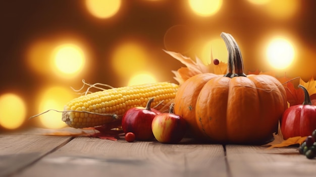 Calabazas, manzanas y maíz en el fondo de la mesa de cosecha rústica Ai generativo