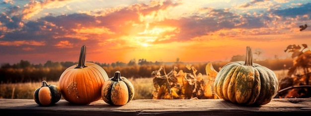 Calabazas en la mesa contra el fondo del campo IA generativa