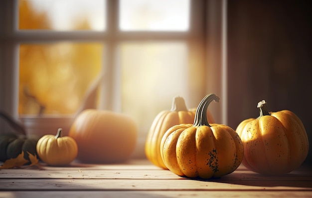 Calabazas en mesa de madera IA generativa