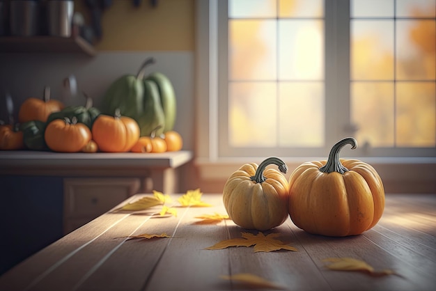 Calabazas en mesa de madera IA generativa