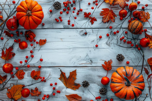 Las calabazas en miniatura se mezclan con las hojas y bayas de otoño en un telón de fondo de madera blanca rústica que evoca la esencia del otoño