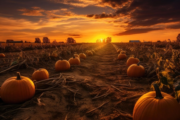 calabazas de naranja en el campo al atardecer