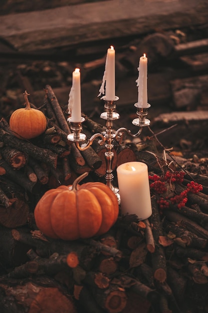 Calabazas naranjas con candelabro por tres velas entre viejas hojas secas caídas y ramas al aire libre