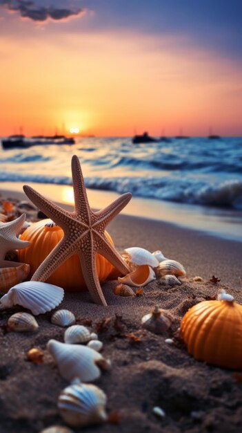 Calabazas naranjas, estrellas de mar y conchas en la playa.