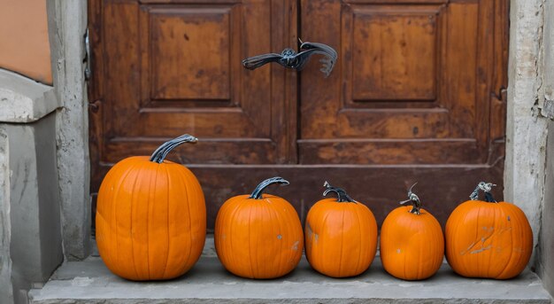 Calabazas naranjas frente a una casa.