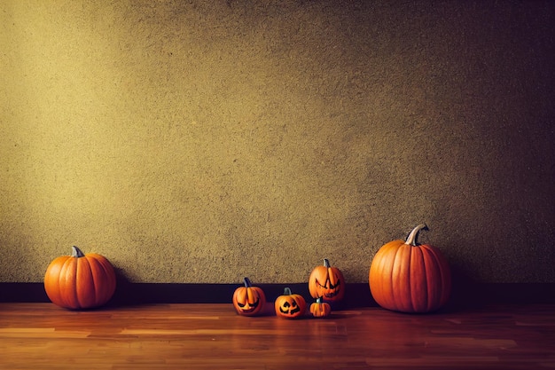 Calabazas naranjas de Halloween en piso de madera Calabacitas espeluznantes