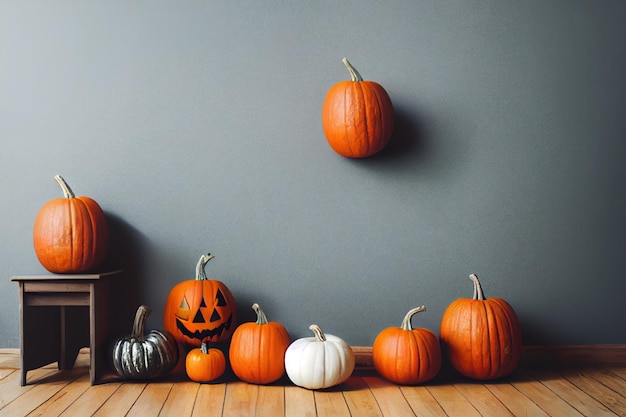 Calabazas naranjas en un piso de madera blanca Calabazas naturales para una fiesta de Halloween cerca de una pared gris