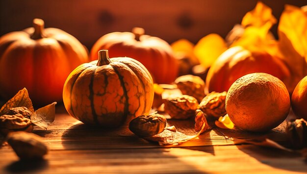 Las calabazas y las nueces se sientan en una mesa de madera frente al sol.