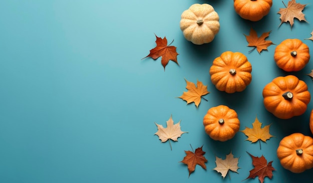 Calabazas ornage y hojas de arce secas planas Fondo pastel estacional de otoño Mago generado por IA