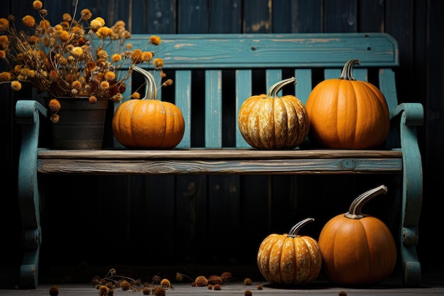 Calabazas de otoño en el banco al lado de la casa de la granja Decoración de acción de gracias de otoño