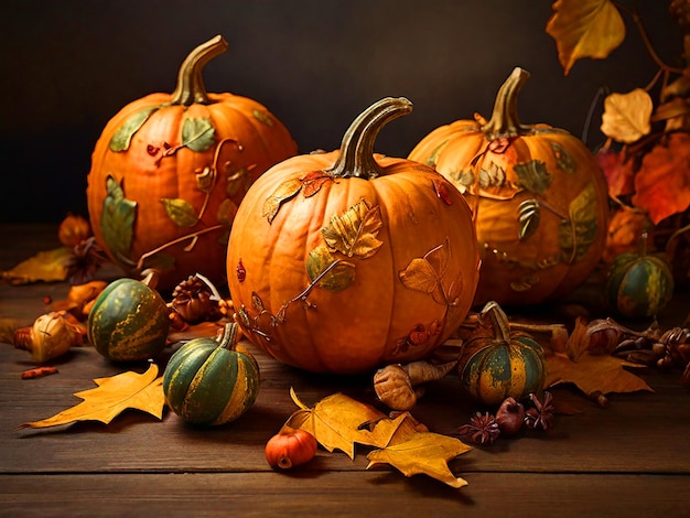 Calabazas de otoño con hojas