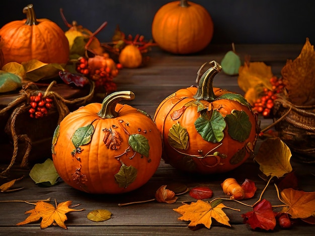 Calabazas de otoño con hojas