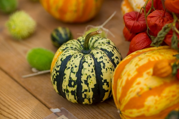 Calabazas de otoño en la mesa