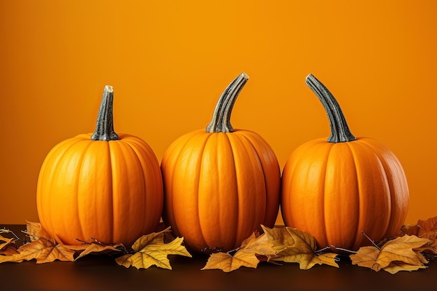 Calabazas de otoño sobre fondo naranja concepto de halloween Ai generativo