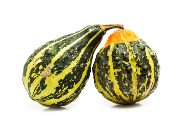 Calabazas pequeñas naturales sobre un fondo blanco.