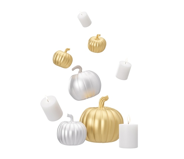 Calabazas plateadas y doradas y velas voladoras aisladas en fondo blanco con trazado de recorte Decoración de Halloween Recorte Elemento de diseño para tarjetas de felicitación invitación publicidad renderizado 3D