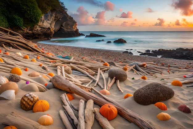 Calabazas en la playa al atardecer