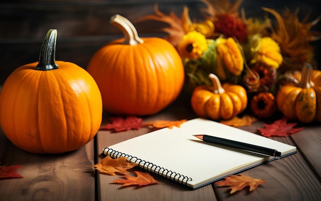 calabazas y una pluma en una mesa de madera con una pluma sobre ella.