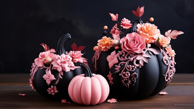 Calabazas rosadas y negras y flores Acción de Gracias Decoración de Halloween en azul Modernas calabazas pastel de moda y varias flores en la mesa Ideas de arreglo de decoración de vacaciones de otoño