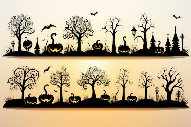 Calabazas de silueta con velas encendidas en el cementerio En una espeluznante ilustración nocturna para el telón de fondo de Halloween