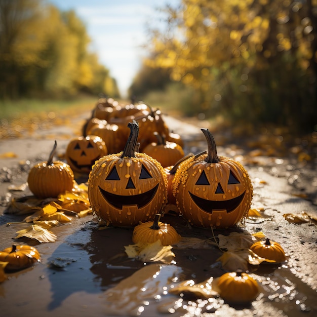 Calabazas siniestras de Halloween en el fondo de la naturaleza Enfoque suave selectivo