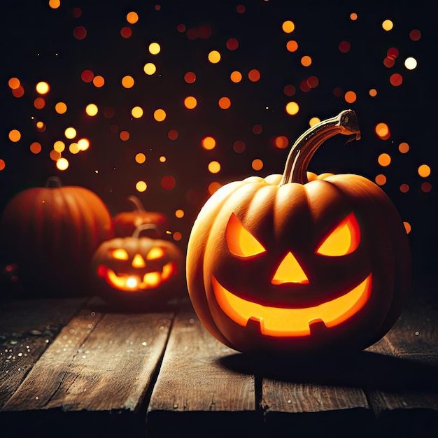 Calabazas talladas de Halloween en una mesa de madera y fondo oscuro con bokeh de poco