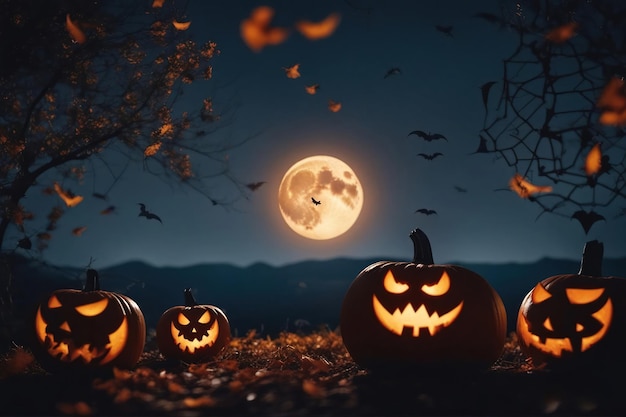 Calabazas talladas para Halloween sonriendo en el suelo bajo la gran luz de la luna Gran luna en el fondo Murciélagos en el cielo Difusión estable