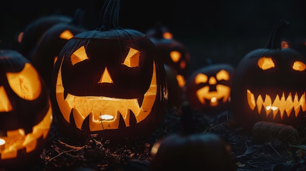 Calabazas talladas iluminadas con diferentes caras malvadas en la oscuridad en la noche de Halloween